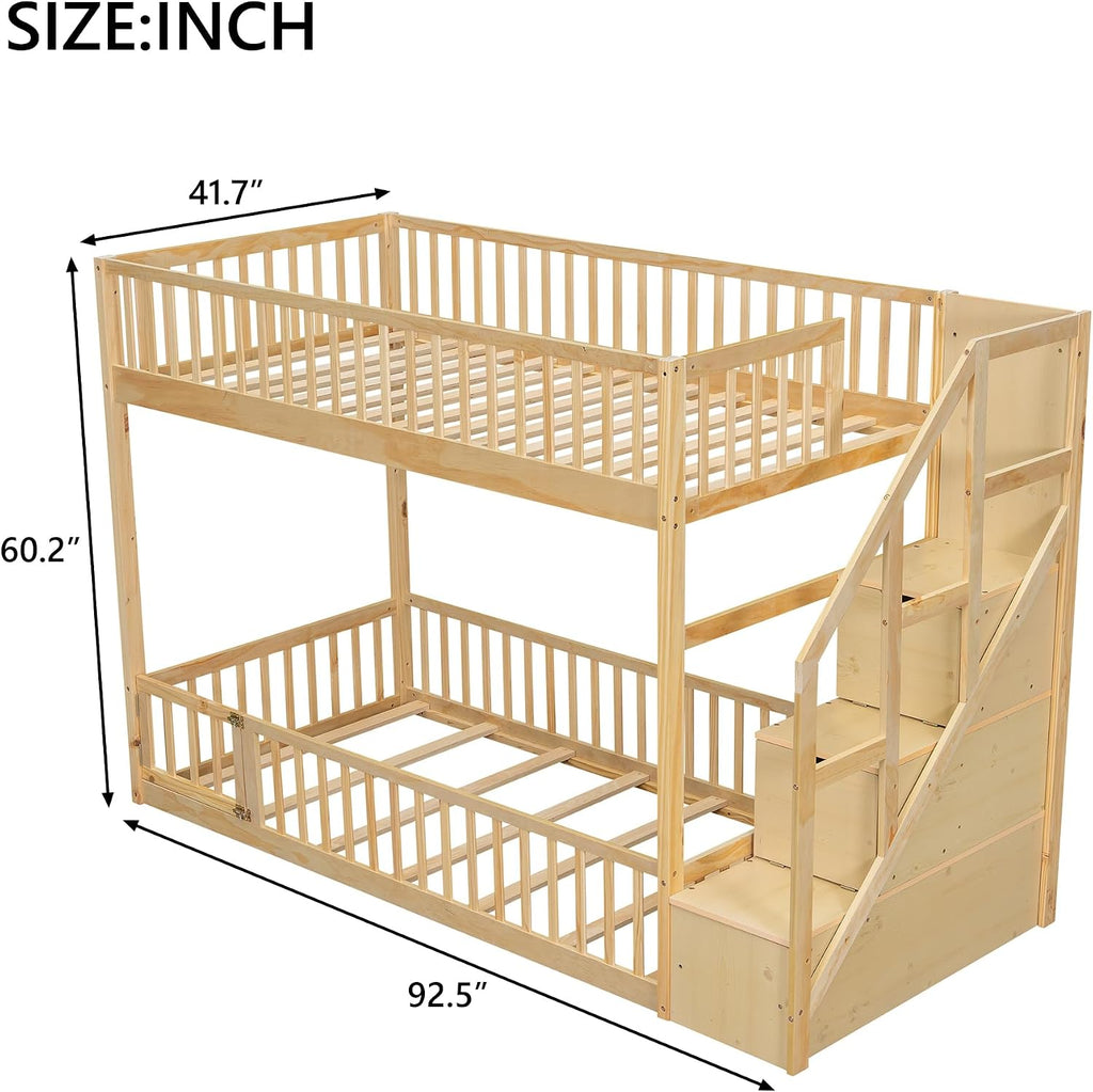 Twin Over Twin Floor Bunk Bed with Storage Ladder and Guardrails,for Kids Teens Adults (Natural#Ladder, Twin Over Twin)