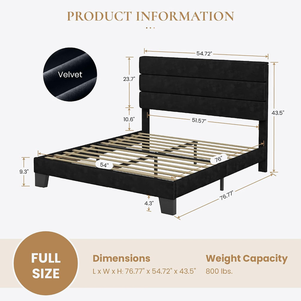 SHA CERLIN Full Platform Bed Frame with Velvet Upholstered Headboard, Mattress Foundation with Strong Wooden Slats Support, No Box Spring Needed, Black