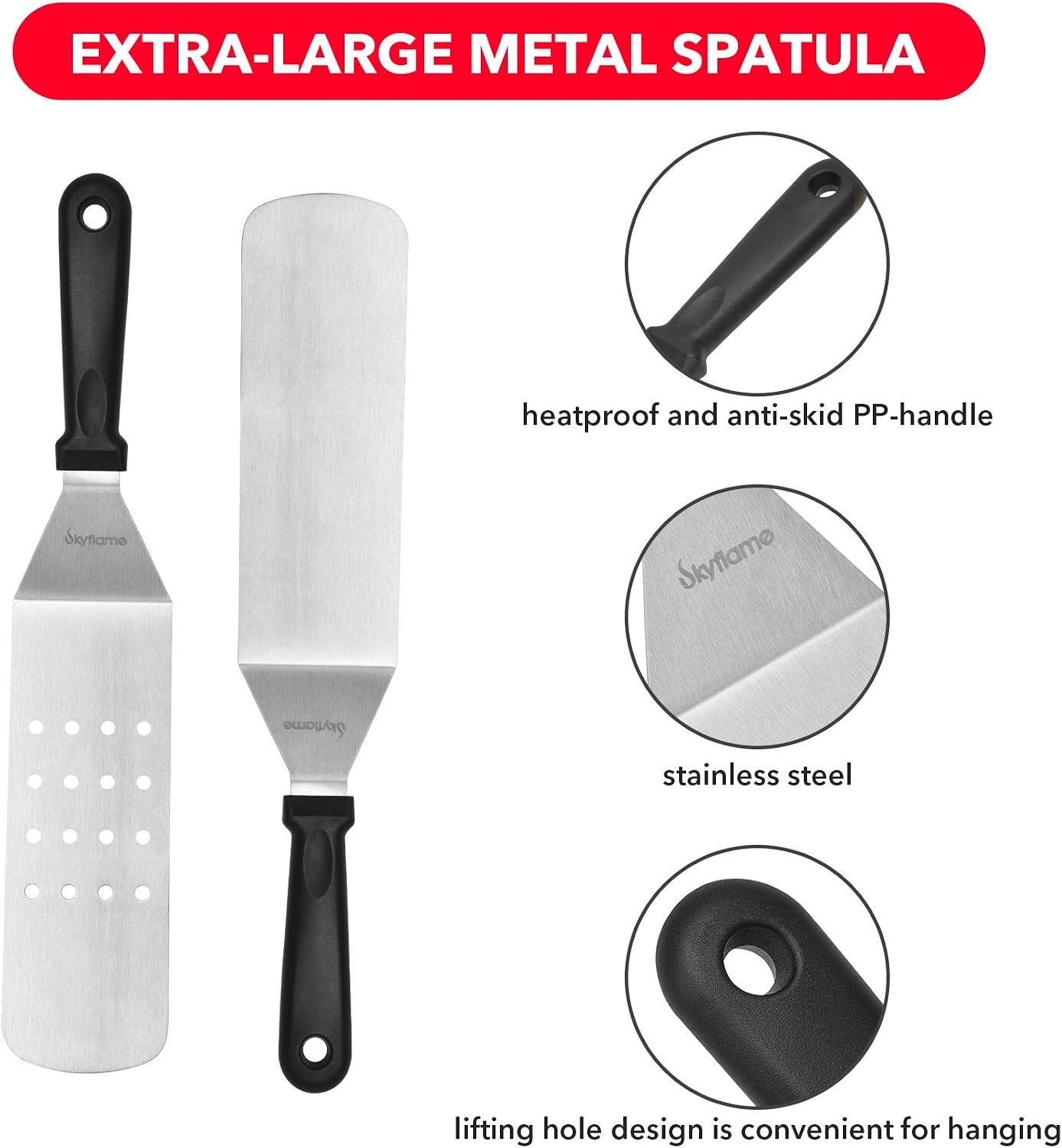 Skyflame Universal Stainless Steel Griddle Flat Top Plate, 3 Piece Griddle Accessories Kit and Magnetic Hanging Trash Can for Cooking Grill