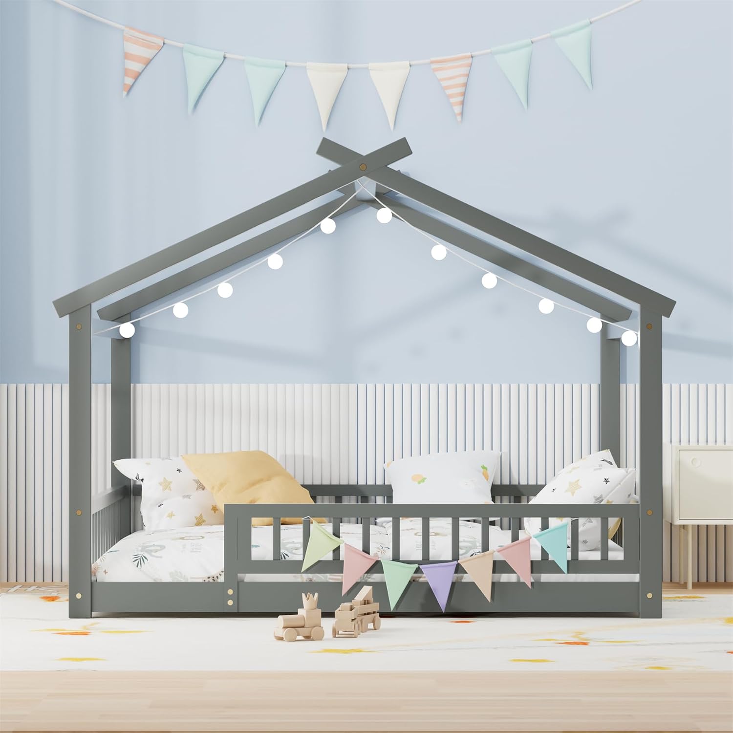 LLS Full Size House Bed with Fence, Wooden Montessori Bed with Slats Support, Floor Bed Frame for Boys Girls Bedroom, Gray