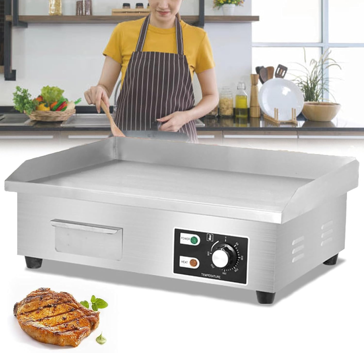 22' Electric Grill Commercial Countertop Griddle Flat Top Grill Hot Plate Non-Stick Stainless Steel Teppanyaki Grill for Restaurant Kitchen, Adjustable Temperature Control 50~300℃,110V