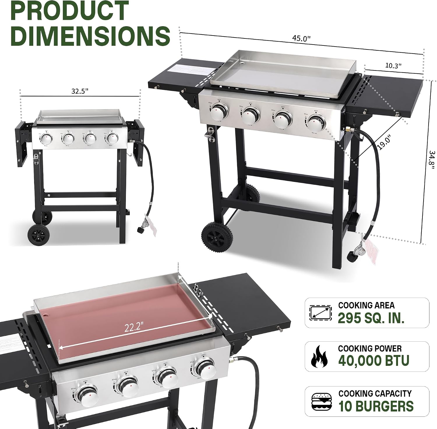 4-Burner Flat Top Grill with Folding Side Tables, Outdoor Griddle Grill with Storage Cover, 40,000 BTU Flat Grill with Stainless Steel Cooking Surface for BBQ, Camping, Tailgating