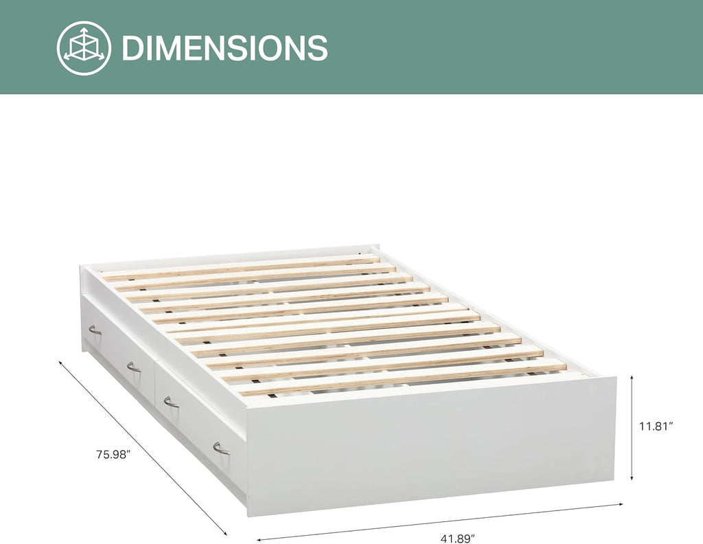 OS Home and Office Furniture Twin Sized White Mates Bed with Two Drawers