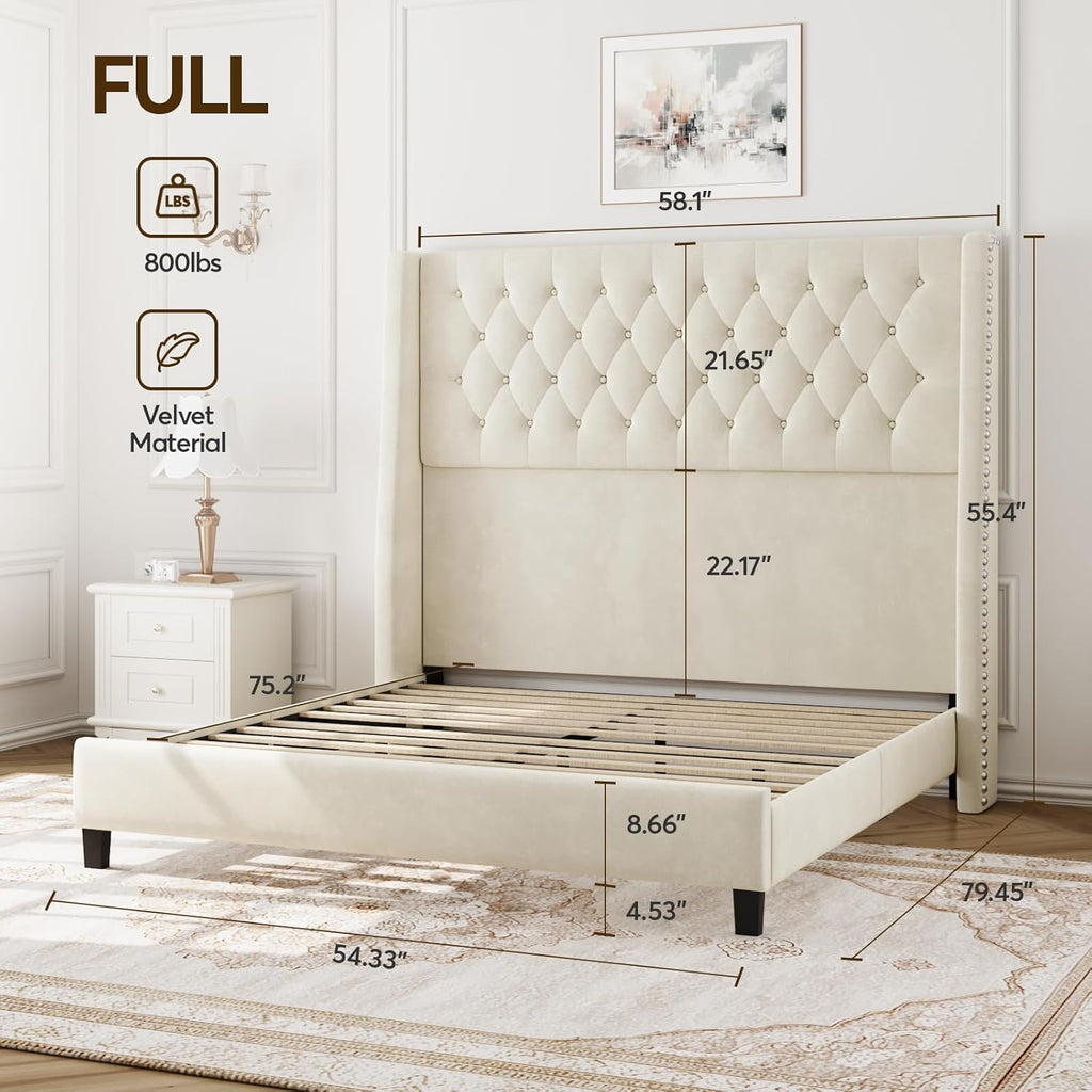 Full Bed Frame with 55' Tall Headboard, Upholstered Bed Frames, Soft Fabric, Button Tufted Headboard with Windback, Platform Bed, Noise-Free, No Box Spring Needed, Beige