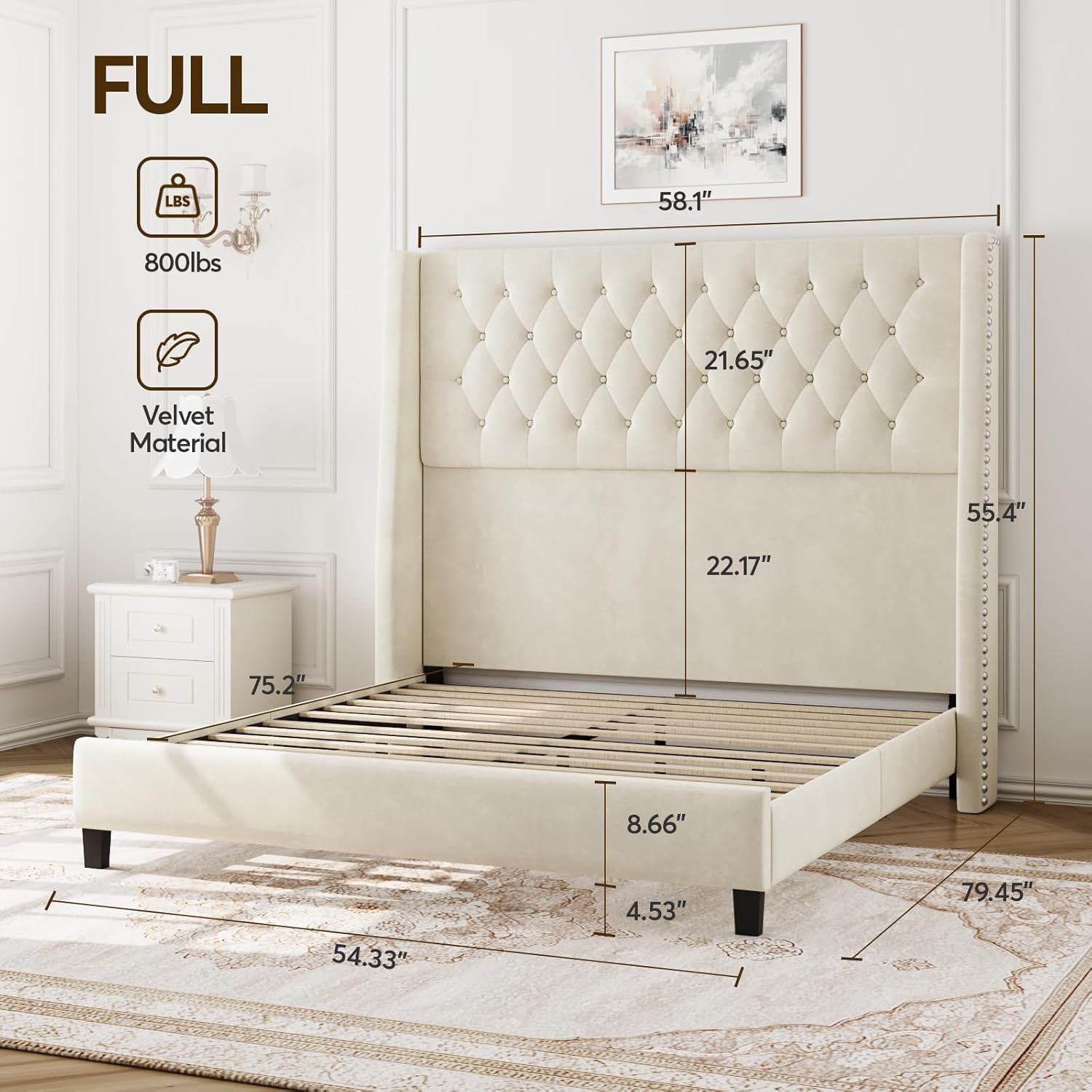 Full Bed Frame with 55' Tall Headboard, Upholstered Bed Frames, Soft Fabric, Button Tufted Headboard with Windback, Platform Bed, Noise-Free, No Box Spring Needed, Beige