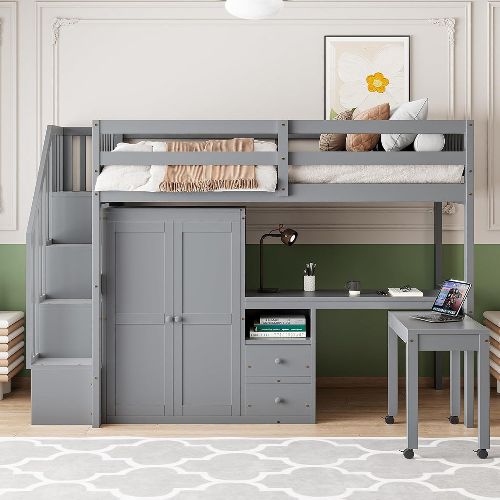 Merax Twin Multifunction Loft Bed with Desk, Wardrobe, Drawers, Wood Loft Bed with Staircase & Full Length Gardrails for Boys, Girls, No Box Spring Needed Gray