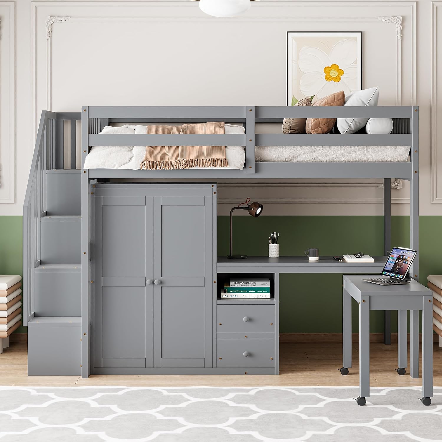 Merax Twin Multifunction Loft Bed with Desk, Wardrobe, Drawers, Wood Loft Bed with Staircase & Full Length Gardrails for Boys, Girls, No Box Spring Needed Gray