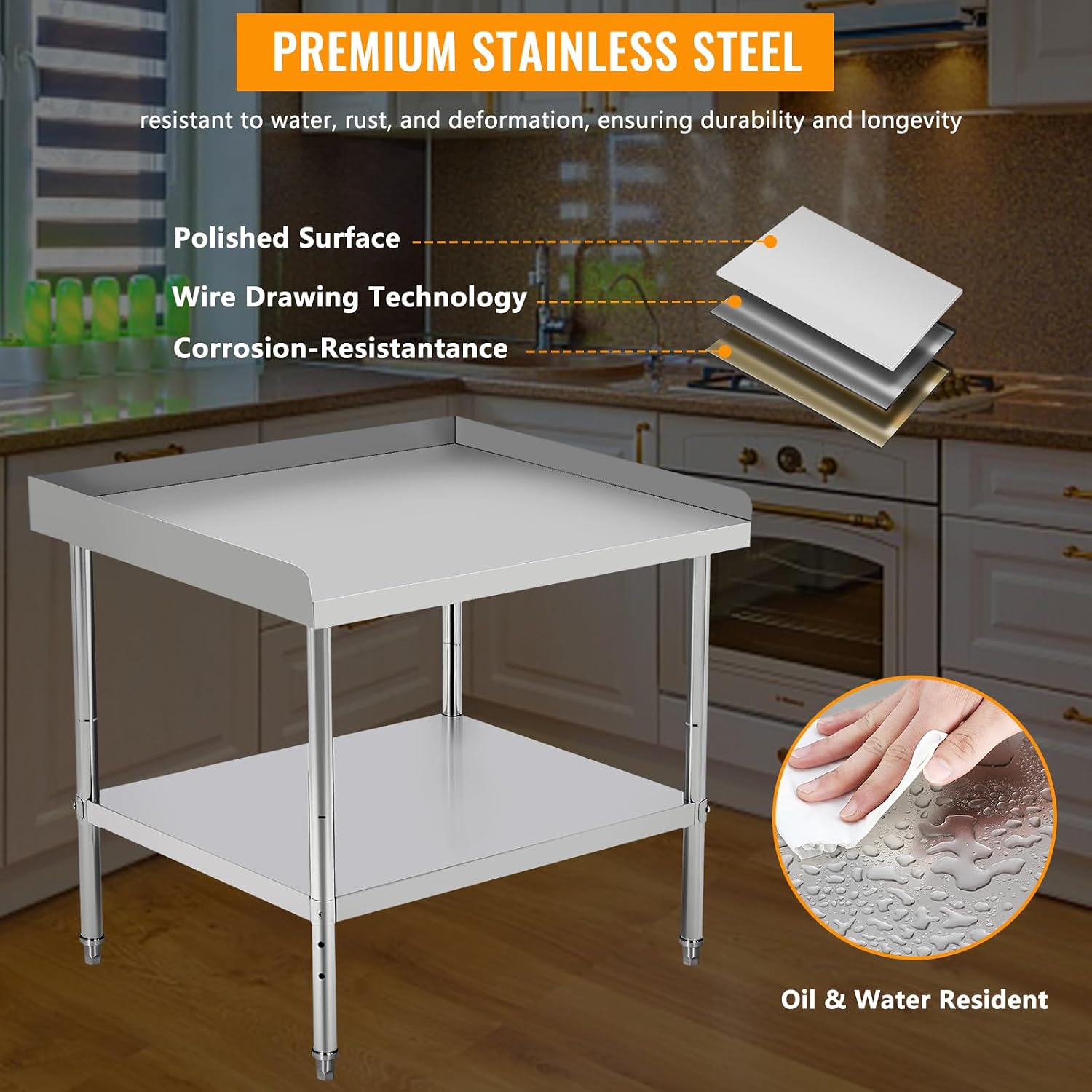 36'x24'x30' Stainless Steel Grill Stand Table, NSF Certified, 400 lbs Capacity, Adjustable Legs, 3-Sided 2' Edge Baffle for Kitchen, Restaurant, Hotel