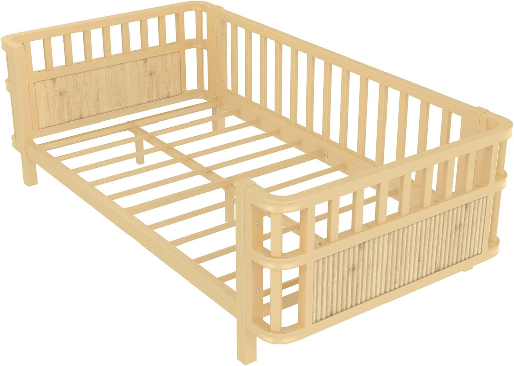 Harper & Bright Designs Twin Size Daybed with Guardrails, Kids Platform Bed with Detachable Safety Rails and Rounded Corners, Modern Iron Low Profile Platform Bed for Kids, Girls and Boys, Natural