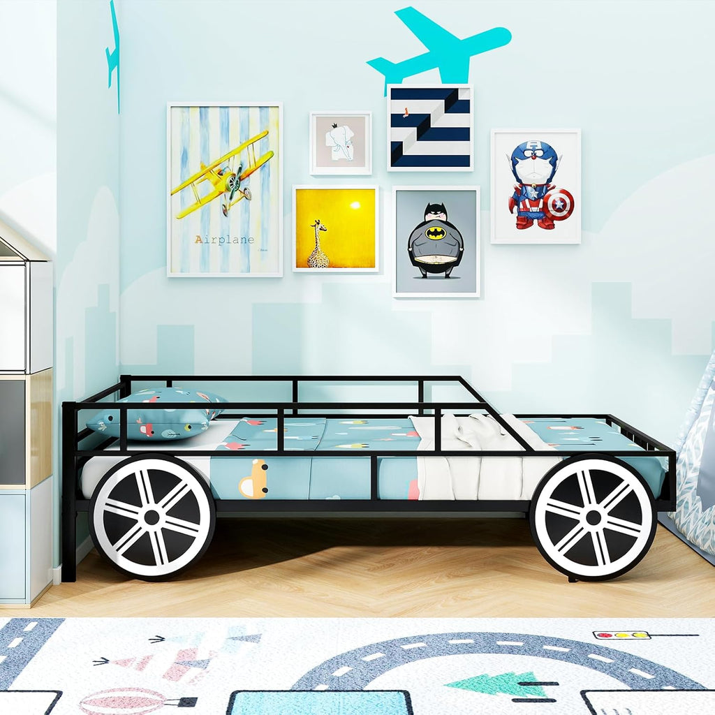 Costzon Twin Bed Frames for Kids, Car-Shaped Metal Bed with Wheels Decorations, Safety Guardrails, No Box Spring Needed, Fits Standard Twin Mattress (Mattress Not Included), Twin Bed for Boys Girls