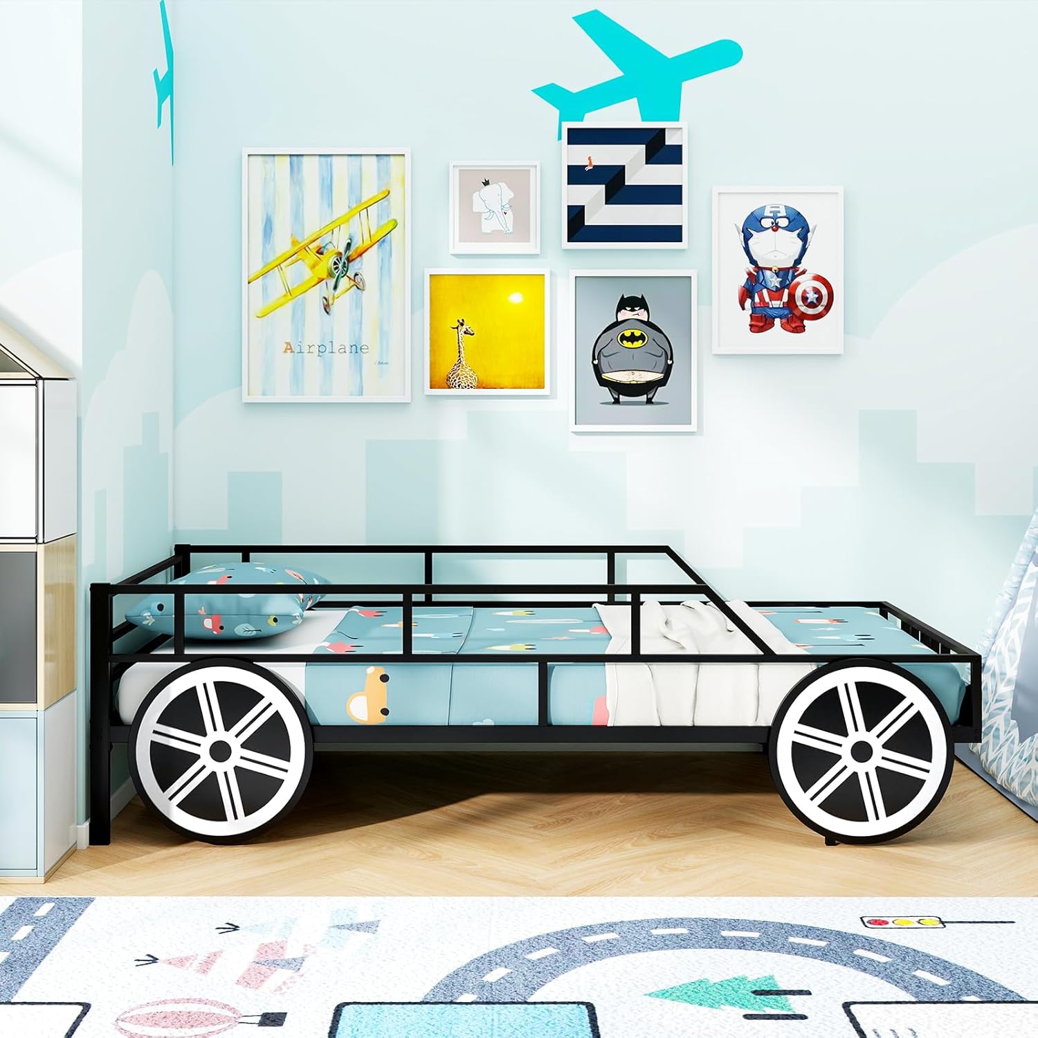 Costzon Twin Bed Frames for Kids, Car-Shaped Metal Bed with Wheels Decorations, Safety Guardrails, No Box Spring Needed, Fits Standard Twin Mattress (Mattress Not Included), Twin Bed for Boys Girls
