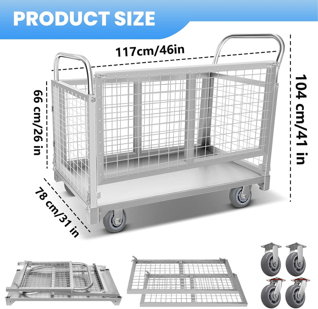 5-in-1 Platform Truck Cart with Cage, Heavy Duty Push Cart Dolly,4 Swivel Wheels, 2600 Lbs Capacity, Alloy Steel Material Multi Purpose Cart for Grocery Store/Laundry/Stall/Warehouse (Silver)