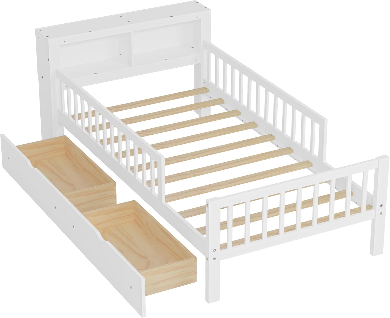 VilroCaz Wood Twin Size Platform Bed with Safety Fence for Kids Boys Girls, Platform Bed Frame with Practical Headboard and 2 Under-Bed Drawers, Sturdy Slats Support (White-3.15)