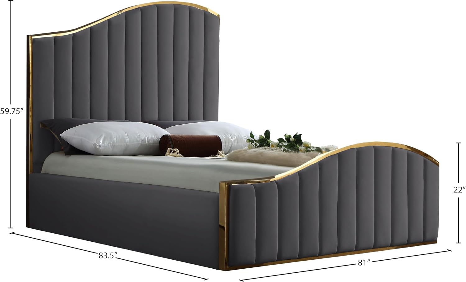 Meridian Furniture Jolie Collection Modern | Contemporary Velvet Upholstered Bed With Channel Tufting, And Polished Gold Metal Frame, Grey, King