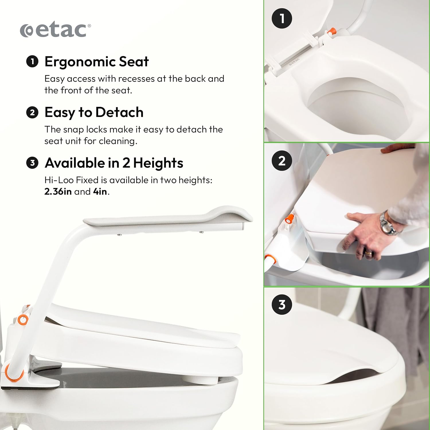 Etac Hi-Loo Fixed Toilet Seat Raiser – Stable & Comfortable Raised Toilet Seat with Foldable Arm Support, Fixed Mounting, Ergonomic Design, Fits Most Toilets – 10 cm (3.94 in) Height