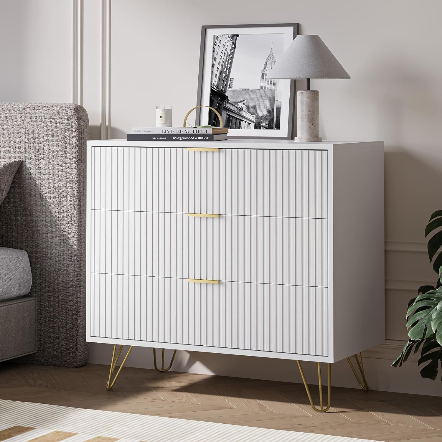 MAISONARIA 3-Piece Dresser Bedroom Set, 6 Drawer Dresser & 3 Drawer Dresser with Gold Handles, Fluted Wood Chest of Drawers for Bedroom, Living Room, Entryway, White