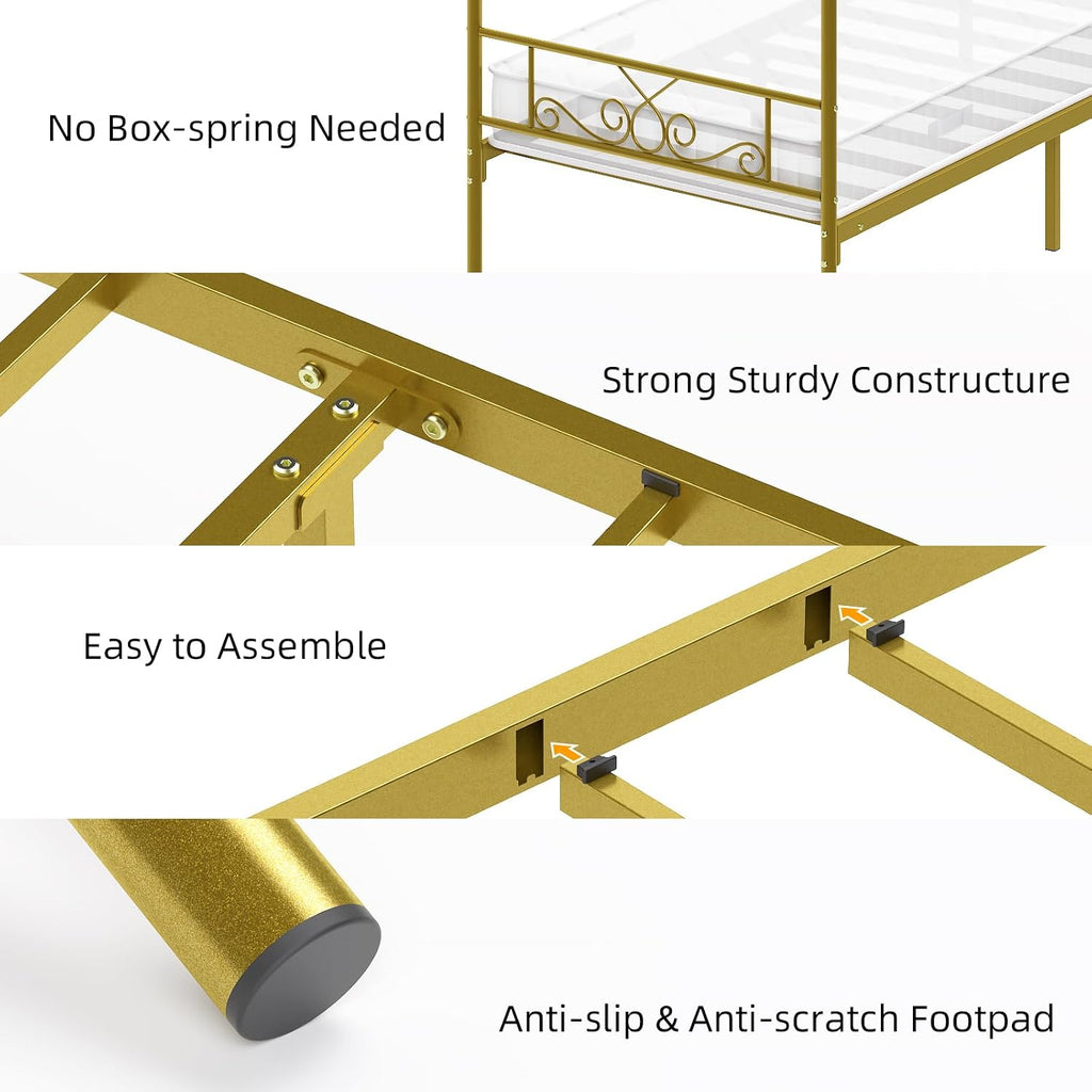 Weehom Twin Canopy Bed Frame with Headboard and Footboard, 4 Posters Metal Bed Frame, No Box Spring Needed, Mattress Foundation Platform Bed for Kids and Adults, Gold