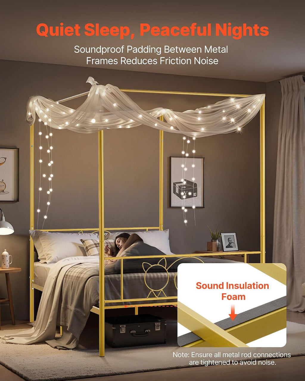 VEVOR Canopy Bed Frame Full Size, Metal Canopy Bed with Minimalist Headboard & Four Posters Design, Heavy Duty Steel Slats Support, Underbed Storage Space, No Box Spring Needed, Easy Assembly, Gold