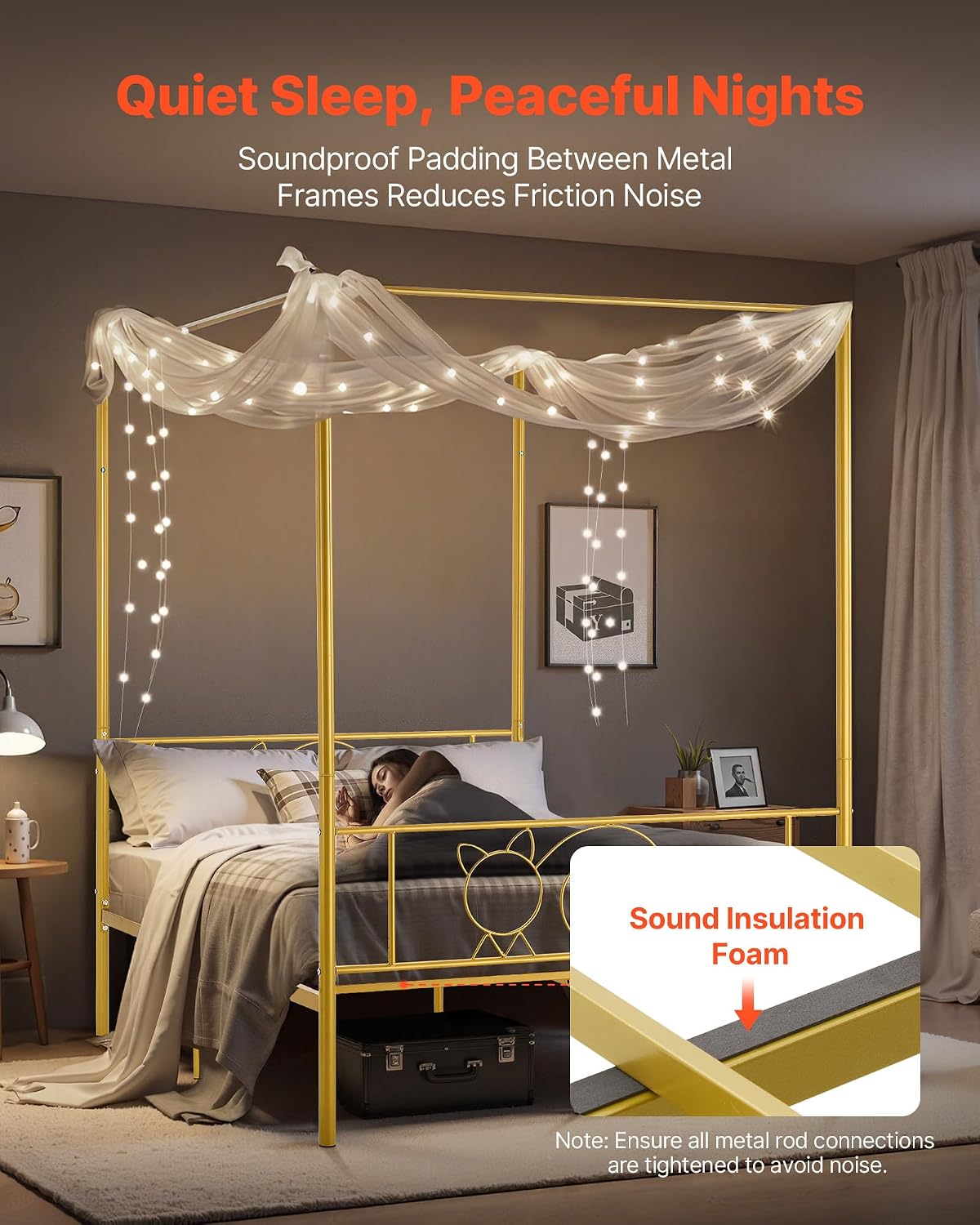 VEVOR Canopy Bed Frame Full Size, Metal Canopy Bed with Minimalist Headboard & Four Posters Design, Heavy Duty Steel Slats Support, Underbed Storage Space, No Box Spring Needed, Easy Assembly, Gold