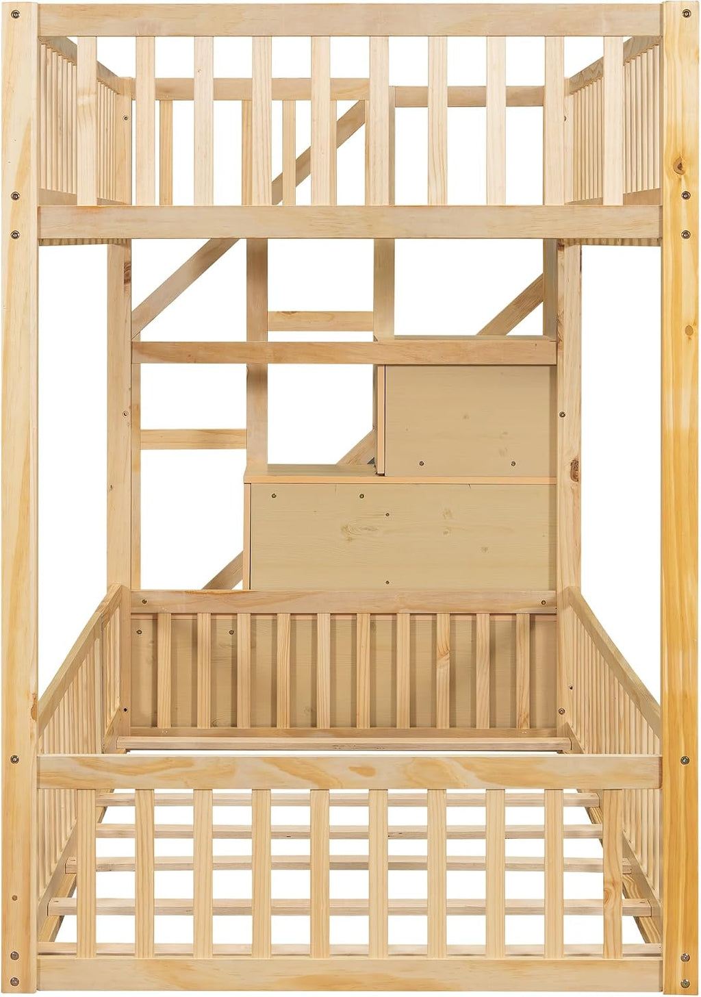 Twin Over Twin Floor Bunk Bed with Storage Ladder and Guardrails,for Kids Teens Adults (Natural#Ladder, Twin Over Twin)