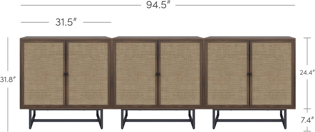 Nathan James Kova Bohemian Rattan Sideboard or TV Stand, Wooden Storage Cabinet with Doors, Walnut Sideboard Buffet or Rattan Accent Storage Cabinet with Matte Black Legs, Set of 3