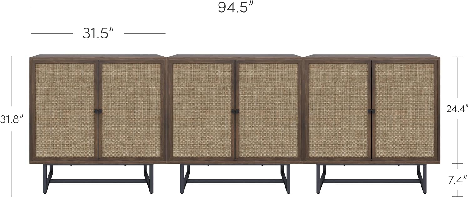 Nathan James Kova Bohemian Rattan Sideboard or TV Stand, Wooden Storage Cabinet with Doors, Walnut Sideboard Buffet or Rattan Accent Storage Cabinet with Matte Black Legs, Set of 3