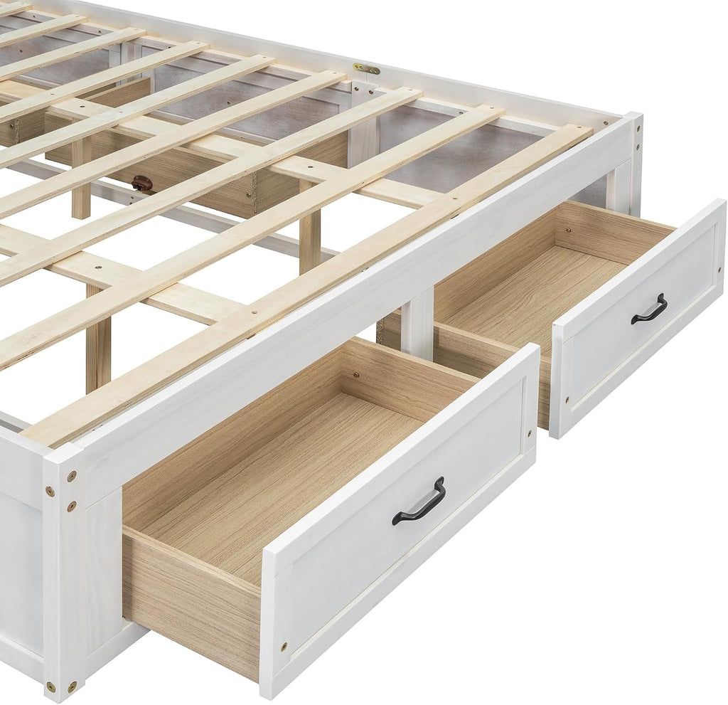 SOFTSEA Farmhouse Queen Size Bed Frame with 6 Drawers, Wood Storage Bed No Headboard with Support Slats, Solid Wood Platform Bed Frame with Drawers, No Box Spring Needed, Easy Assembly, Antique White