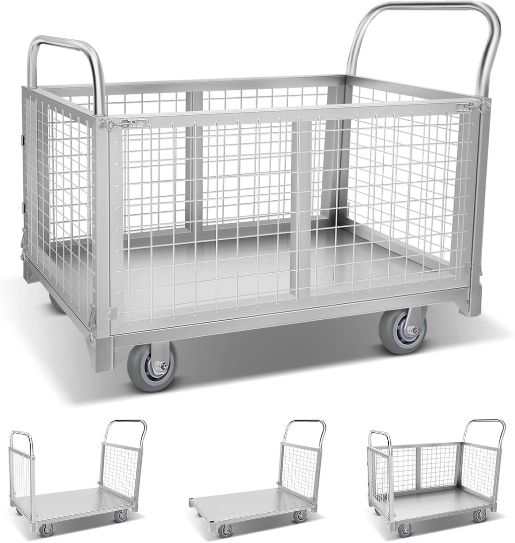 4-in-1 Platform Truck Cart with Cage, Multi-Functional Push Dolly Heavy Duty Flatbed Cart, 2200LBS Capacity Utility Cart for Grocery, Garage