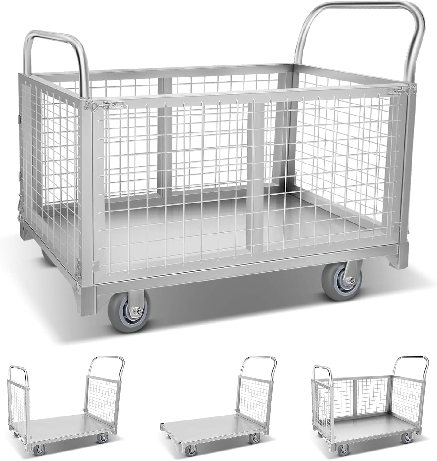4-in-1 Platform Truck Cart with Cage, Multi-Functional Push Dolly Heavy Duty Flatbed Cart, 2200LBS Capacity Utility Cart for Grocery, Garage