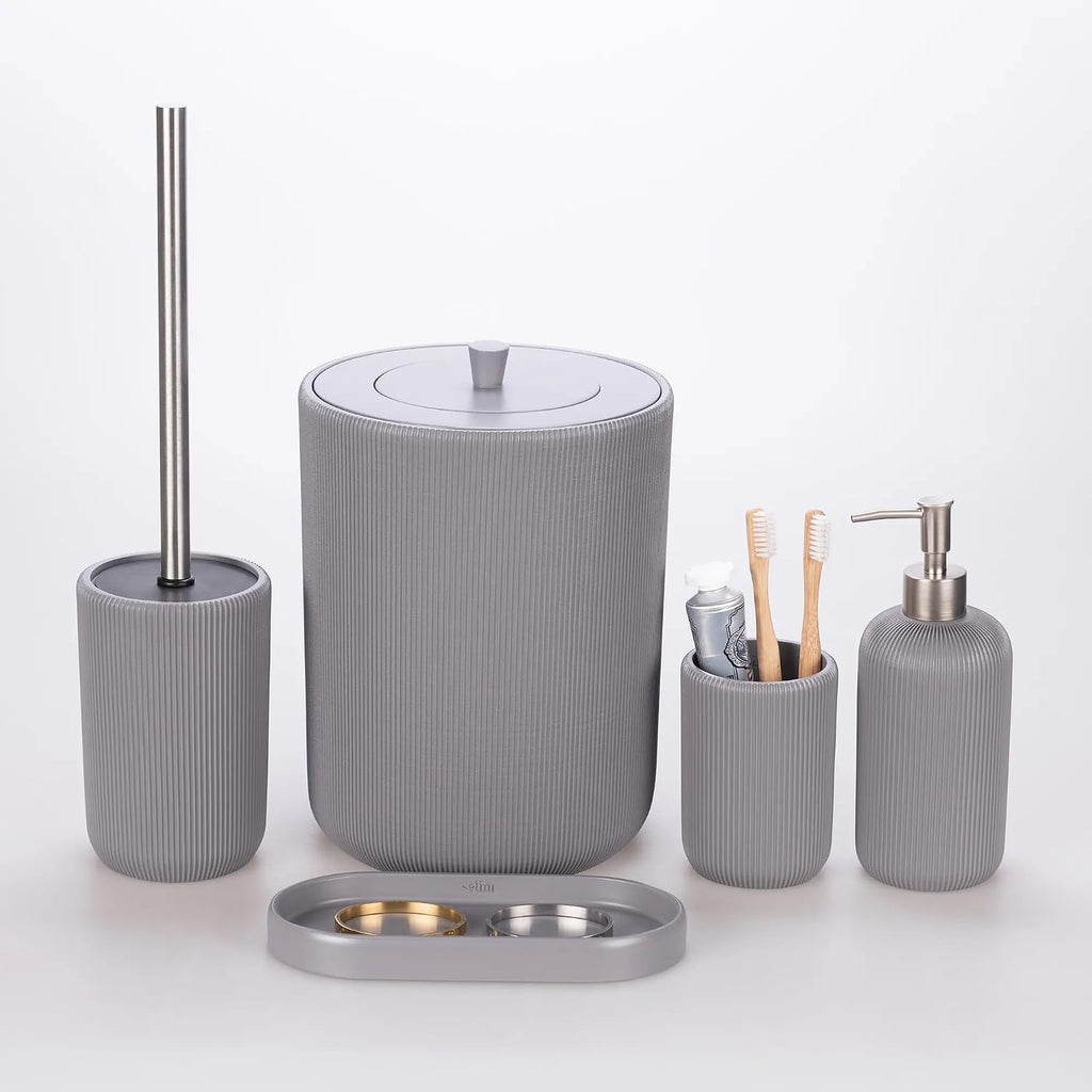 Lydia Collection 5-Piece Resin Bathroom Accessories Set – Toilet Brush Holder, Waste Bin, Soap Dispenser, Tray & Toothbrush Holder (Gray)