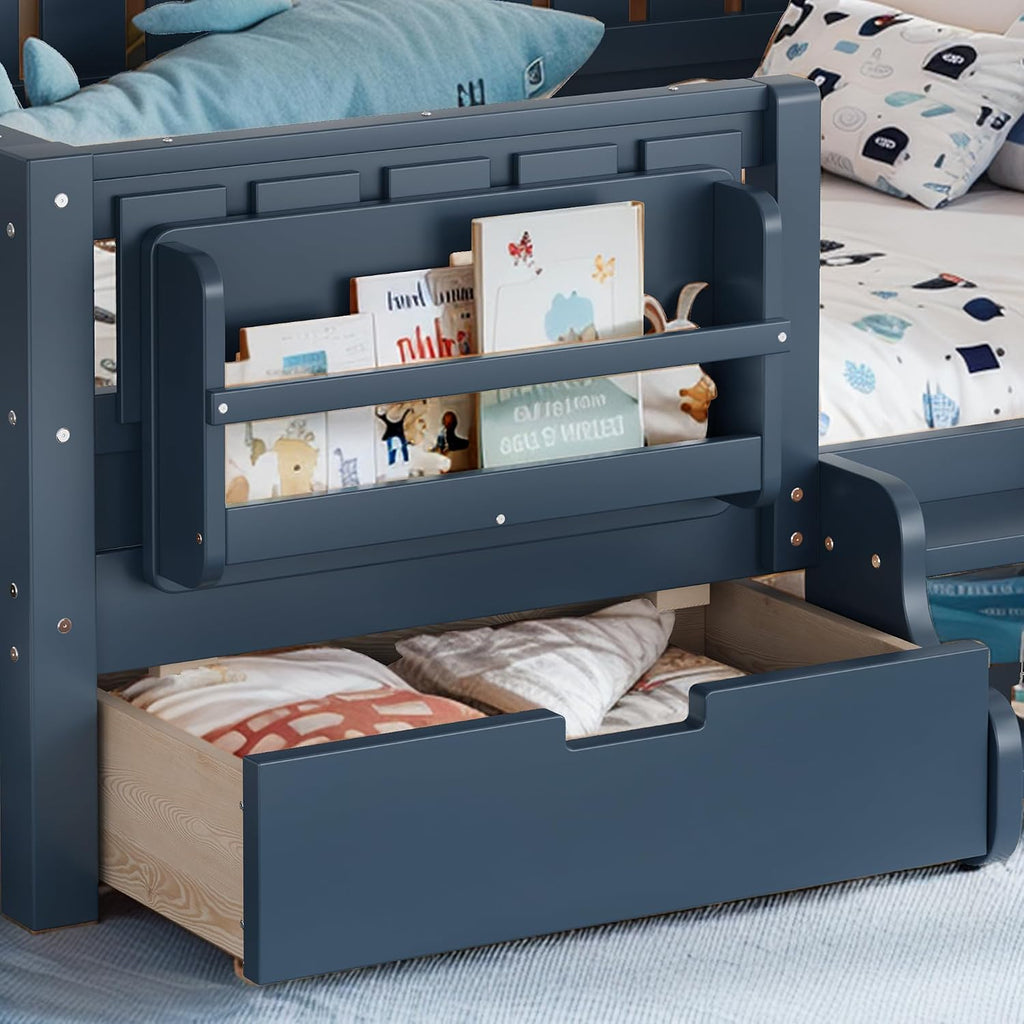 Bellemave Full Floor Bed with Stairs, Rails and Slats, Full Size Montessori Floor Bed with Bookshelf and 2 Storage Drawers, Easy Assemble Montessori Beds Frame for Girls, Boys, Blue