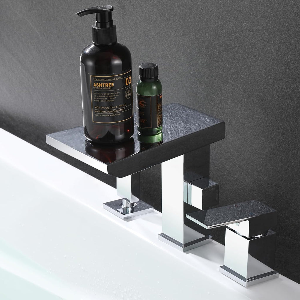 Waterfall Roman Tub Faucet with Hand Shower, Deck Mount Tub Filler Bathtub Faucet with Sprayer, Brass Widespread 3 Hole Bathtub Shower Faucet Set, Chrome