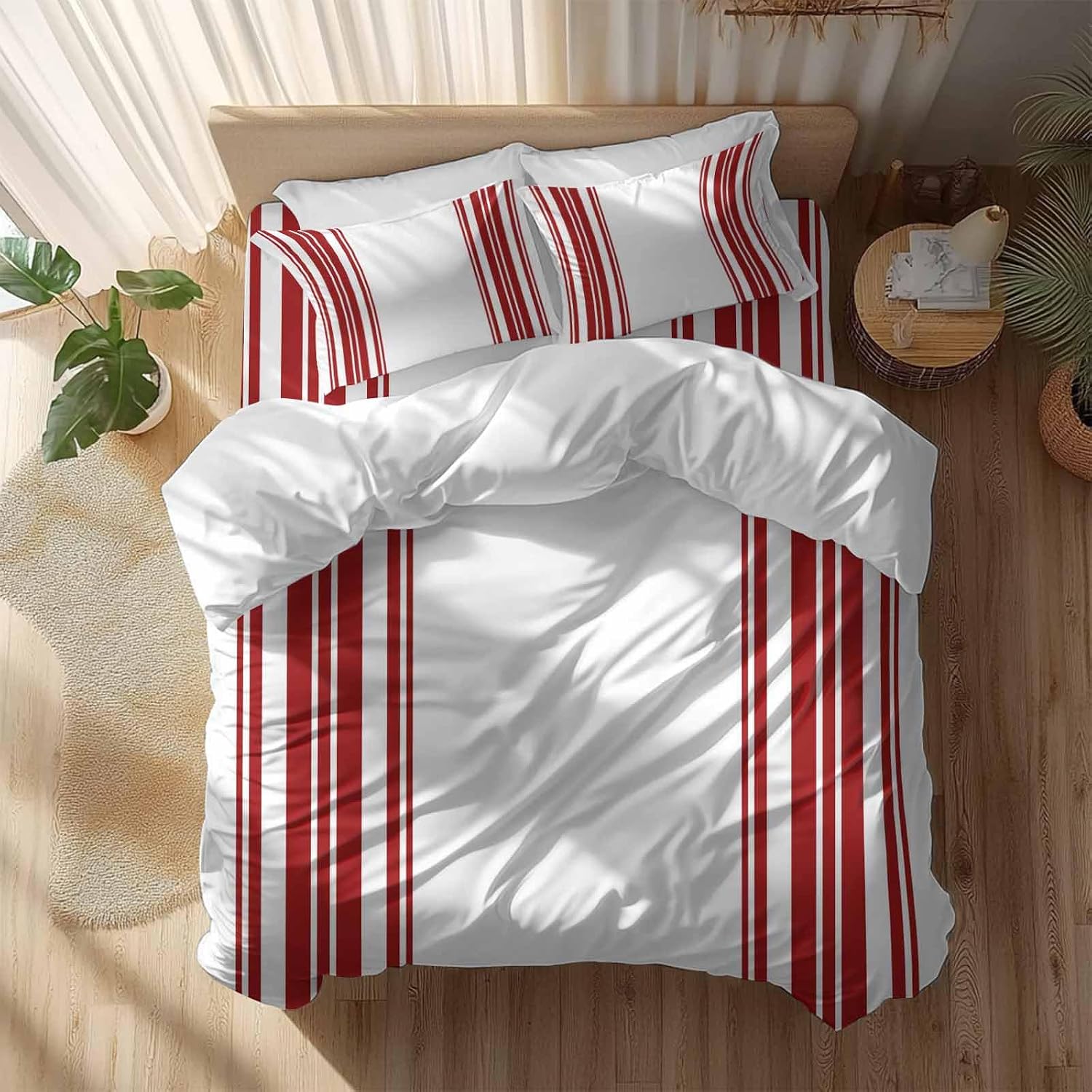 Dark Red and White Striped Duvet Cover Set Queen Size 4 Pieces Modern Minimalist Vertical Lines Bedding Set with Zipper Closure, 1 Comforter Cover 86x86 Inches 1 Flat Sheet & 2 Pillow Cases