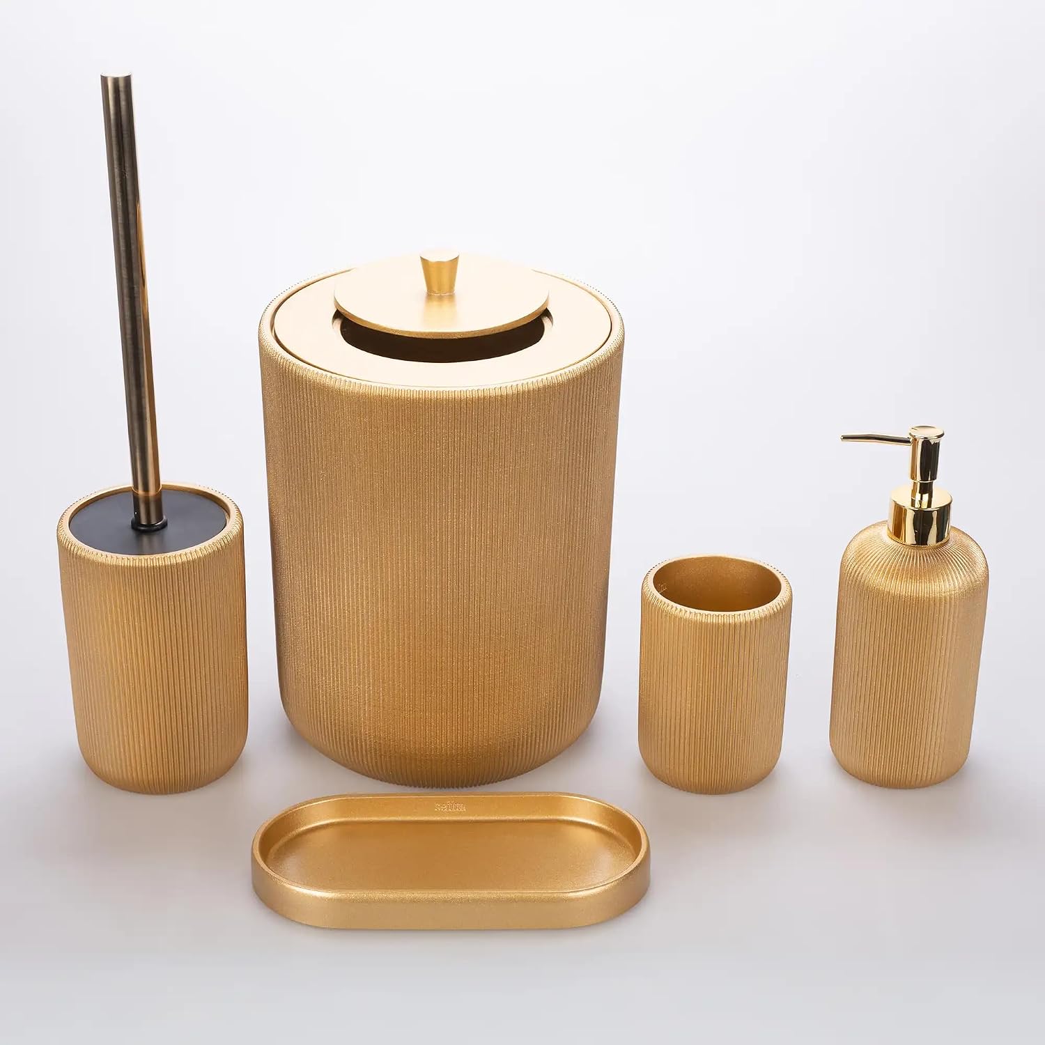 Lydia Collection 5-Piece Resin Bathroom Accessories Set – Toilet Brush Holder, Waste Bin, Soap Dispenser, Tray & Toothbrush Holder (Gold)