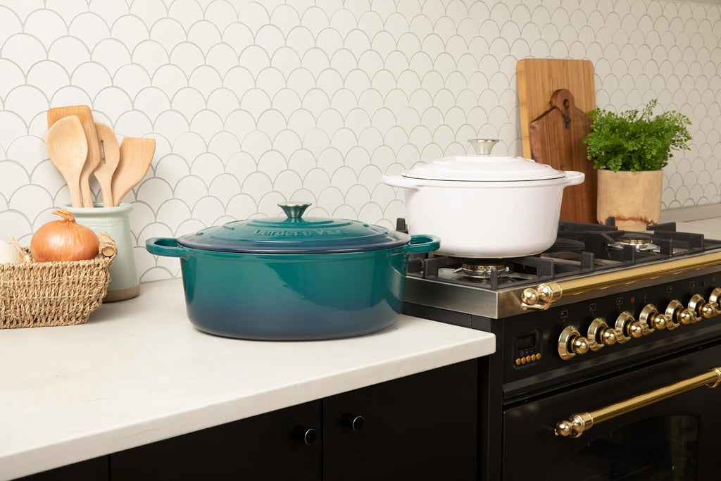Larder & Vine 4-Piece Enameled Cast Iron Cookware Set: 8 Quart Dutch Oven with Lid, 3.6 Quart Braiser with Lid, Cast Iron Cookware with Oversized Handles, Oven Safe up to 500°F (Bondi)