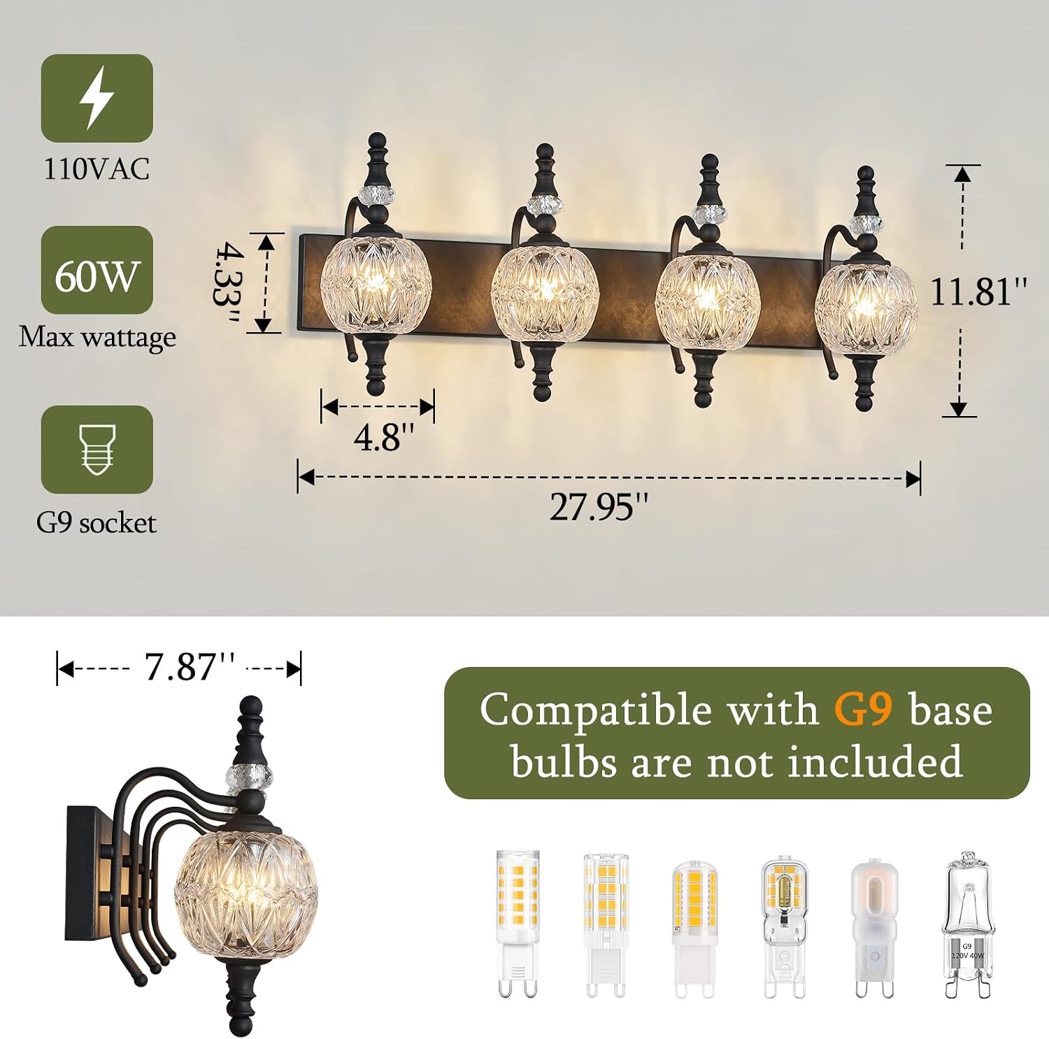 Modern Crystal Bathroom Vanity Lights Fixtures Over Mirror Black Vintage 4-Lights 28 Inch Bathroom Light Fixtures Glass Crystal Vanity Lights