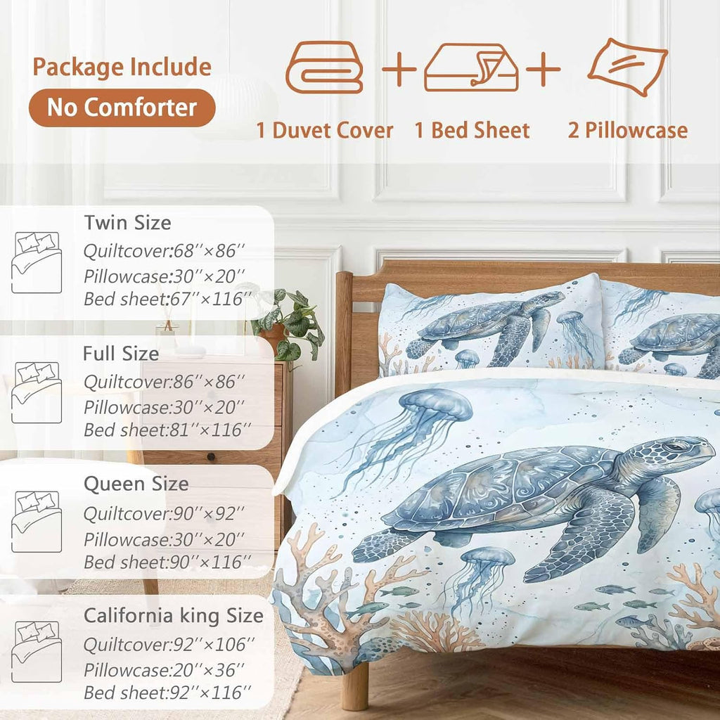 Marine Life Duvet Cover Set Queen Size 4 Pieces Blue Sea Turtle Jellyfish Fish Brown Coral Watercolor Bedding Set with Zipper Closure, 1 Comforter Cover 92x106 Inches 1 Flat Sheet & 2 Pillow Cases