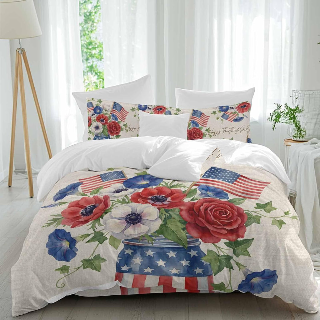 Happy Independence Day Duvet Cover Set Queen Size 4 Pieces U. S. Flag Flowers White Five-Pointed Stars Bedding Set with Zipper Closure, 1 Comforter Cover 86x86 Inches 1 Flat Sheet & 2 Pillow Cases