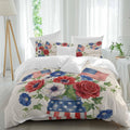 Happy Independence Day Duvet Cover Set Queen Size 4 Pieces U. S. Flag Flowers White Five-Pointed Stars Bedding Set with Zipper Closure, 1 Comforter Cover 86x86 Inches 1 Flat Sheet & 2 Pillow Cases