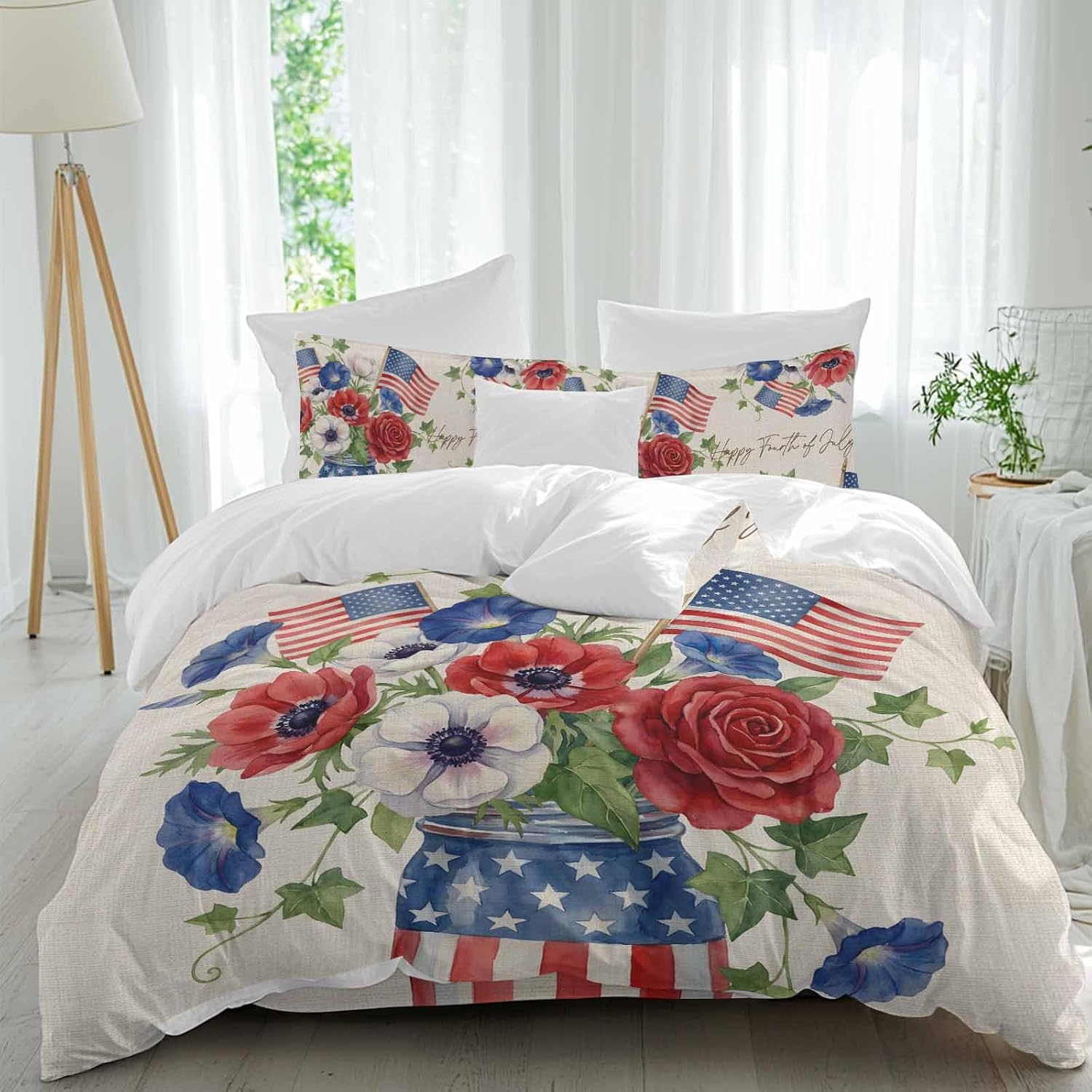 Happy Independence Day Duvet Cover Set Queen Size 4 Pieces U. S. Flag Flowers White Five-Pointed Stars Bedding Set with Zipper Closure, 1 Comforter Cover 86x86 Inches 1 Flat Sheet & 2 Pillow Cases