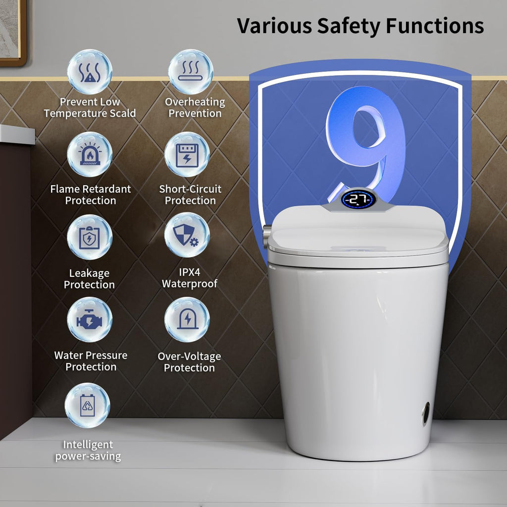 Smart Toilet with Bidet Built, Auto Open & Close, Auto Flush, Warm water massage, Heated Seat,Movement Drying, Night Light, Wireless Remote Control, Modern Tankless Elongated Toilet.