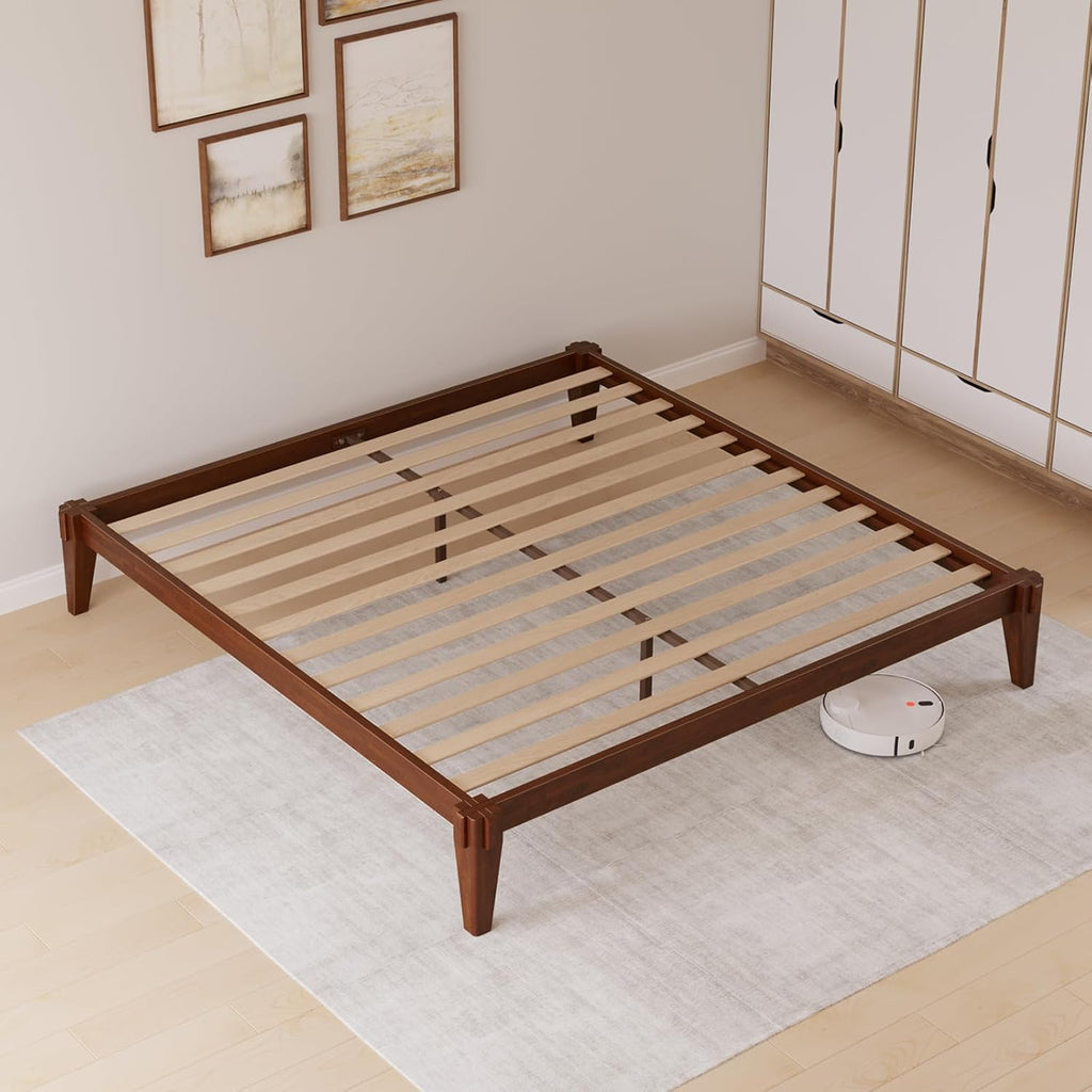 Bme Chalipa 14' King Bed Frame - Solid Wood Platform Bed - Japanese Joinery Bed Frame - Wood Slat Support - No Box Spring Needed - Easy Assembly - Minimalist & Modern Style, Walnut