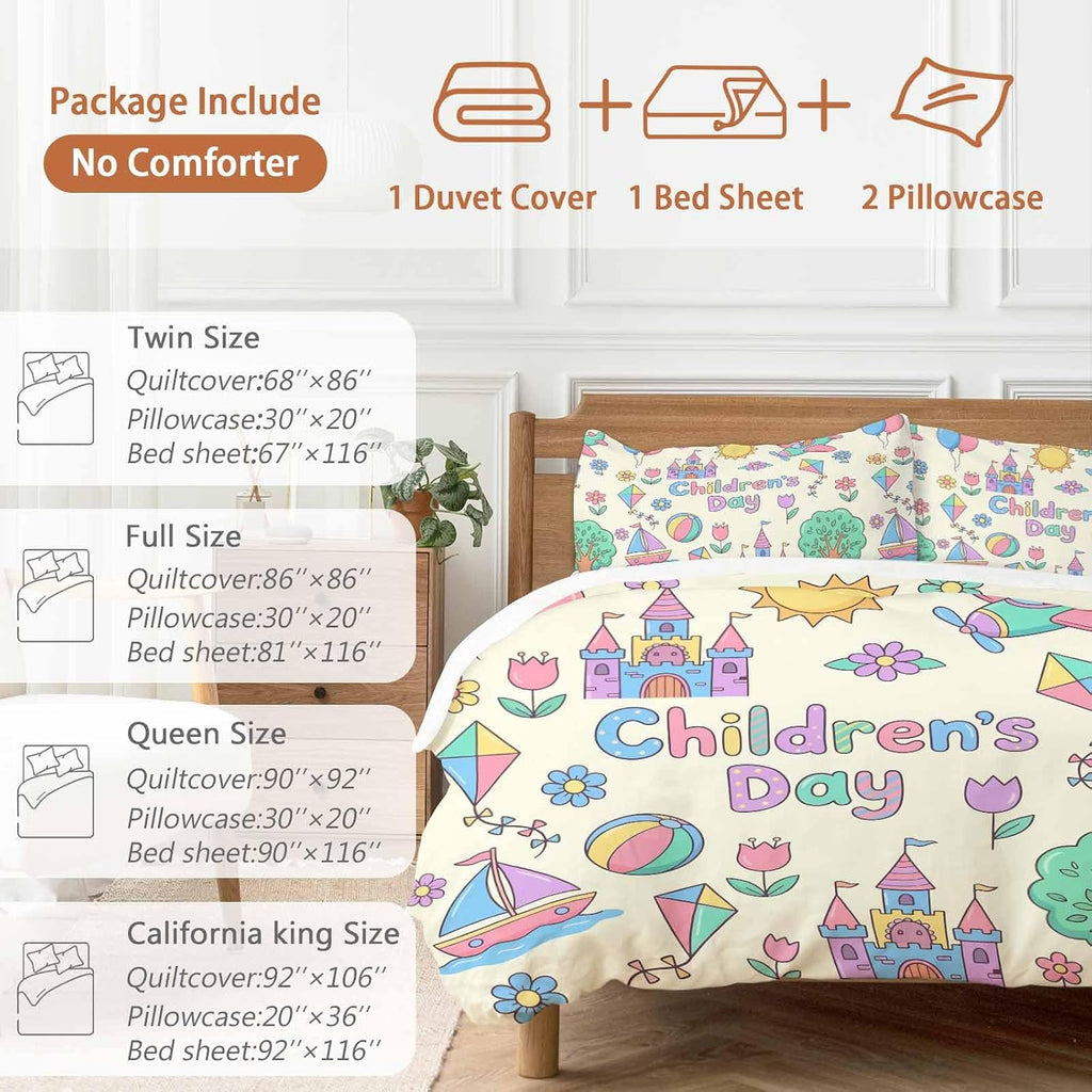 Children's Day Duvet Cover Set Queen Size 4 Pieces Cartoon Sun Airplanes Castles Kites Boat Balloon Beige Bedding Set with Zipper Closure, 1 Comforter Cover 90x92 Inches 1 Flat Sheet & 2 Pillow Cases