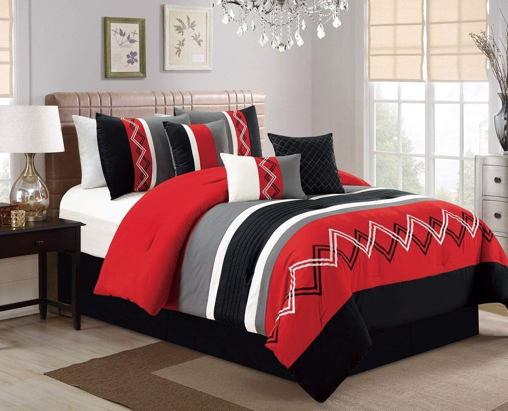 Chezmoi Collection Arden 7-Piece Modern Pleated Stripe Embroidered Zigzag Bedding Comforter Set (Oversized King, Red/Black/Gray/Off-White)