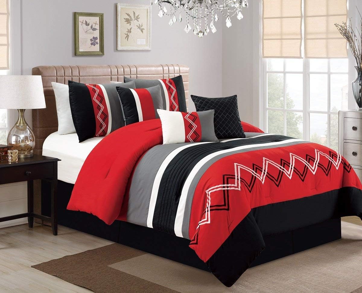 Chezmoi Collection Arden 7-Piece Modern Pleated Stripe Embroidered Zigzag Bedding Comforter Set (Oversized King, Red/Black/Gray/Off-White)