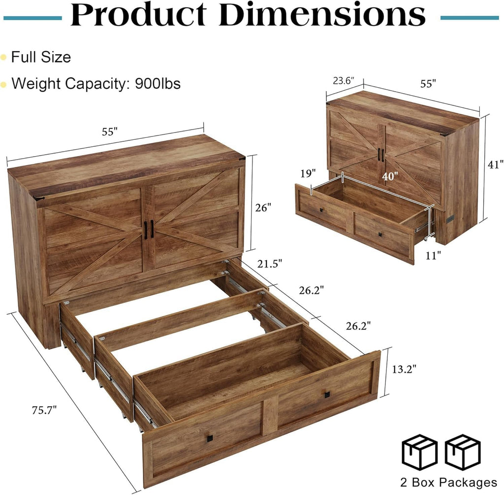 LUXOAK Full Murphy Bed with Storage and Charging Station, Farmhouse Cabinet Bed, Noise-Free, for Guest Room, Apartment, or Office, Barnwood