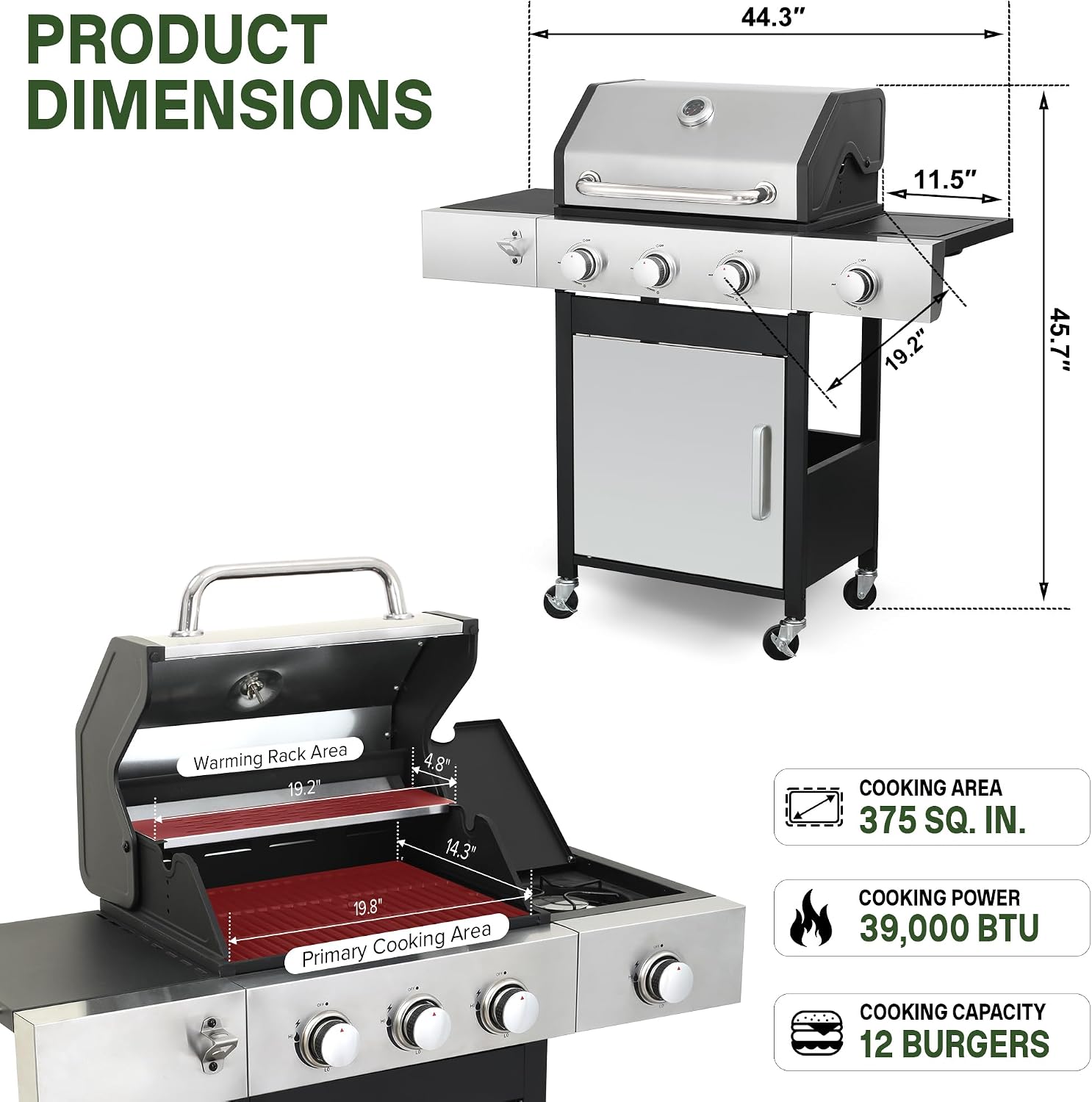 Gas Grill with Side Burner, 3-Burner Propane Grill with Porcelain-Enameled Cast Iron Grates and Double-Wall Insulated Lid, 39,000 BTU BBQ Grill with Wheels for Outdoor Cooking