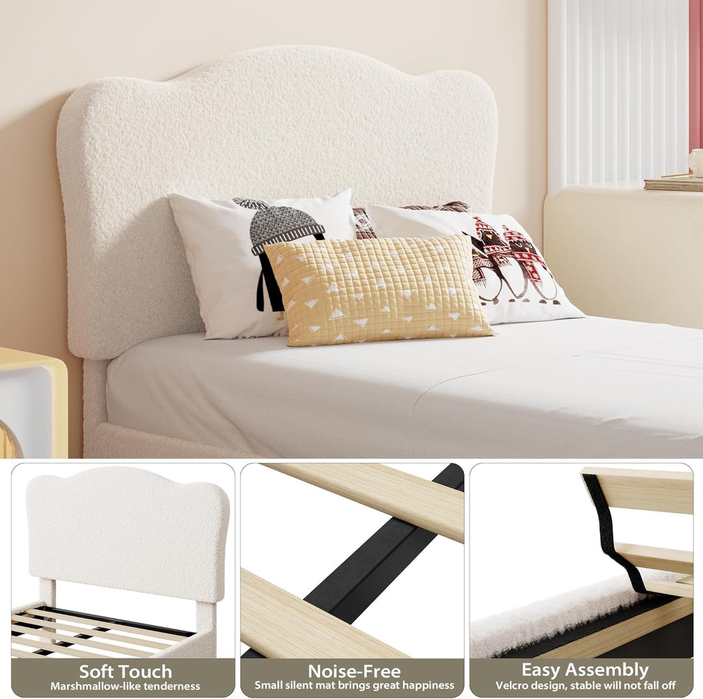 GarveeHome Upholstered Twin Size Bed Frame for Kids with Scallop Headboard, Cute Velvet Twin Bed for Girls, Boys, Sturdy Platform Bed, No Box Spring Needed, Wooden Slats, Noise Free, Beige