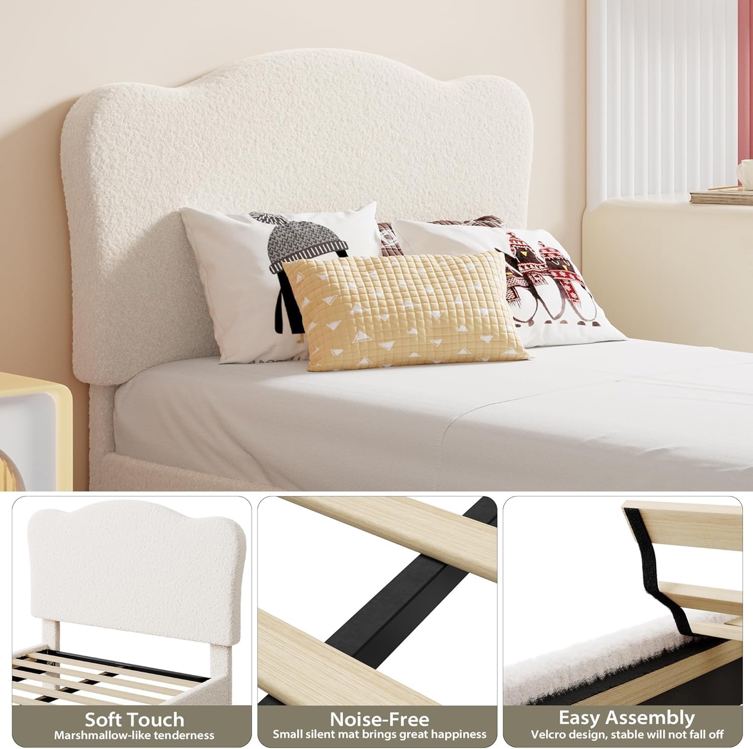 GarveeHome Upholstered Twin Size Bed Frame for Kids with Scallop Headboard, Cute Velvet Twin Bed for Girls, Boys, Sturdy Platform Bed, No Box Spring Needed, Wooden Slats, Noise Free, Beige