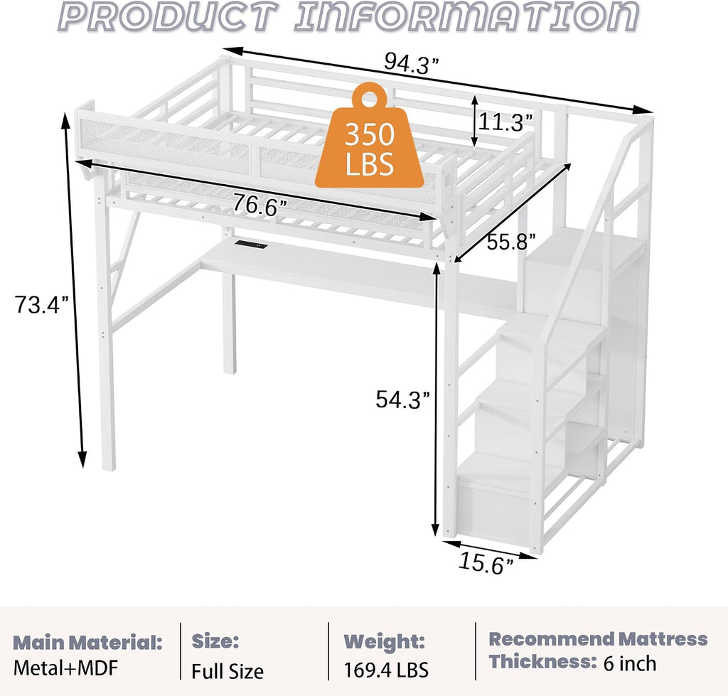 Metal Loft Bed with Desk and RGB LED Lights, Full Size Loft Bed with Stairs and Charging Station,Kids Loft Beds with Storage Shelves for Upper and Wardrobe,Loft Beds Frame for Kids Teens, White